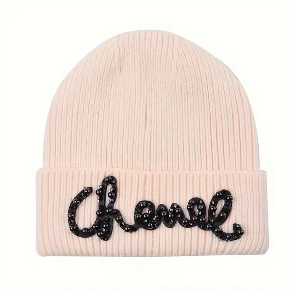 NEW! BEIGE Script Rhinestone Pearl Beaded Letter Graphic Knit Beanie Hat… - Picture 1 of 7